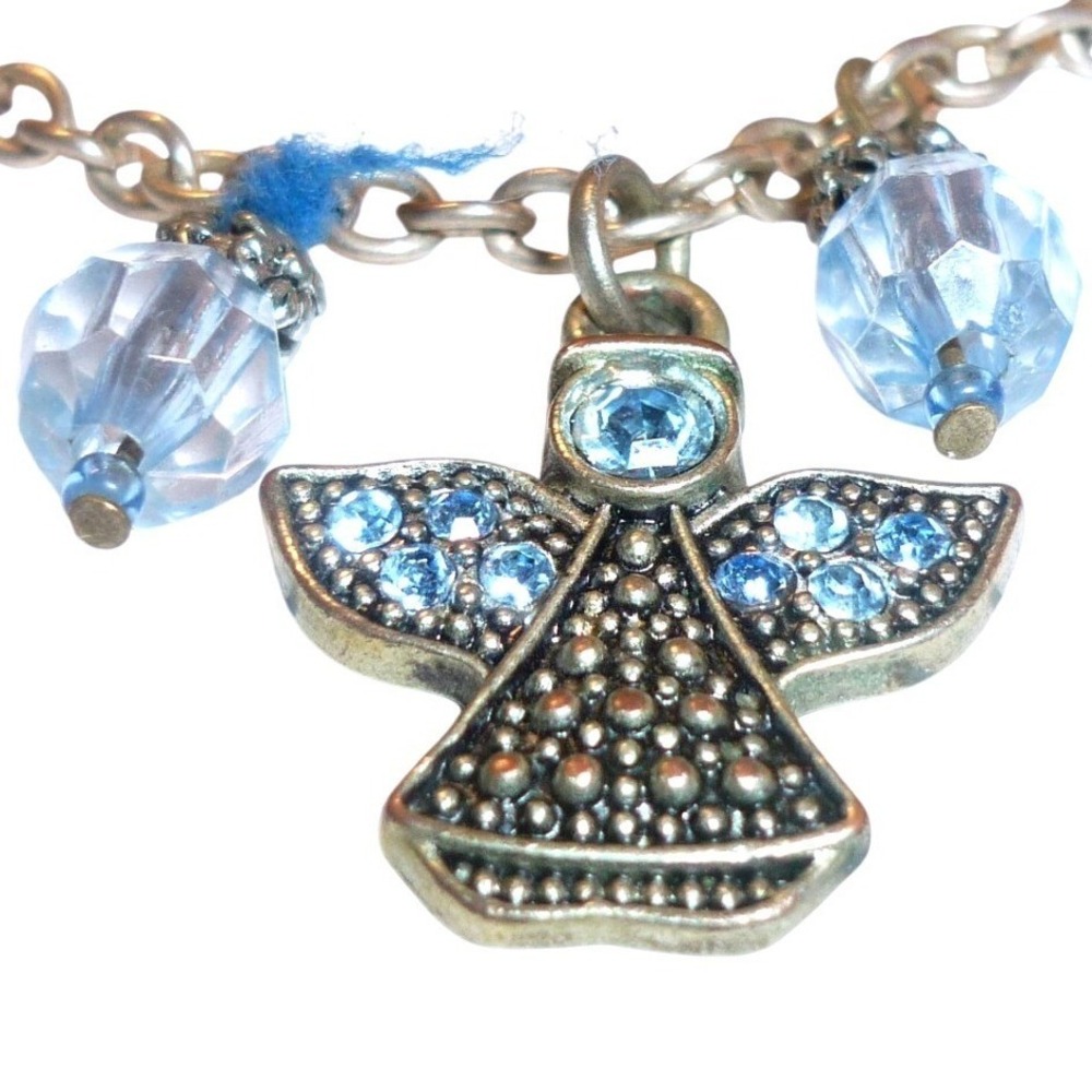 Silver Tone Blue Rhinestone Angel Charm Necklace Beaded Religious Spiritual 18in